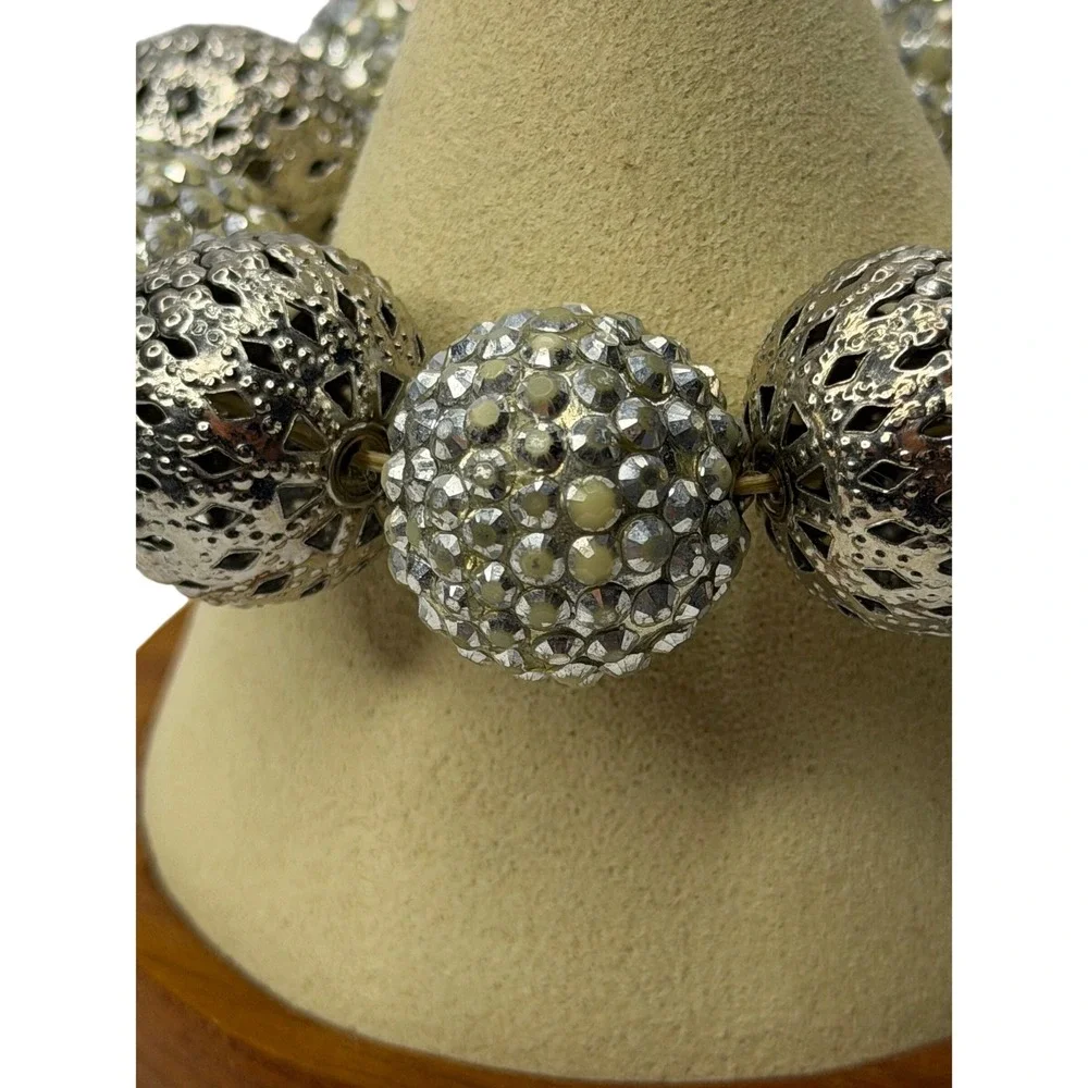 Silver Tone Filigree‎ and Pavé Rhinestone Beaded Stretch Statement Bracelet